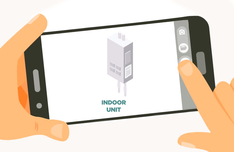 illustration of cell phone with fingers preparing to take photograph of indoor unit