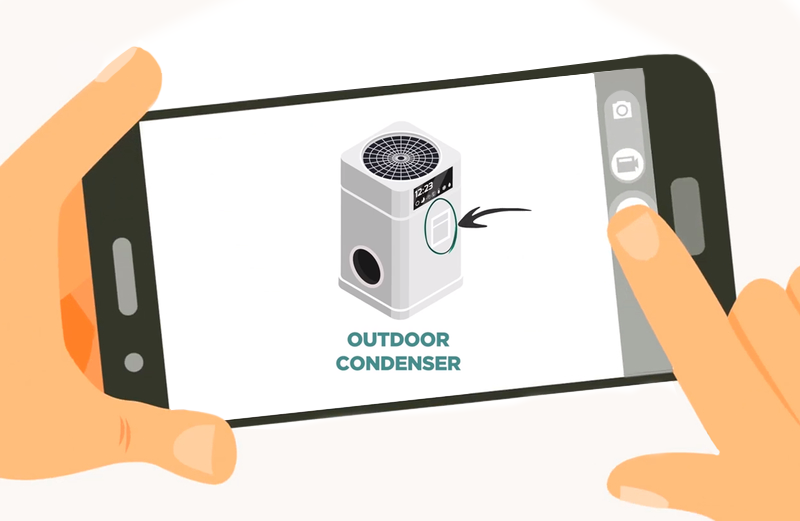 illustration of cell phone with fingers preparing to take photograph of outdoor condenser