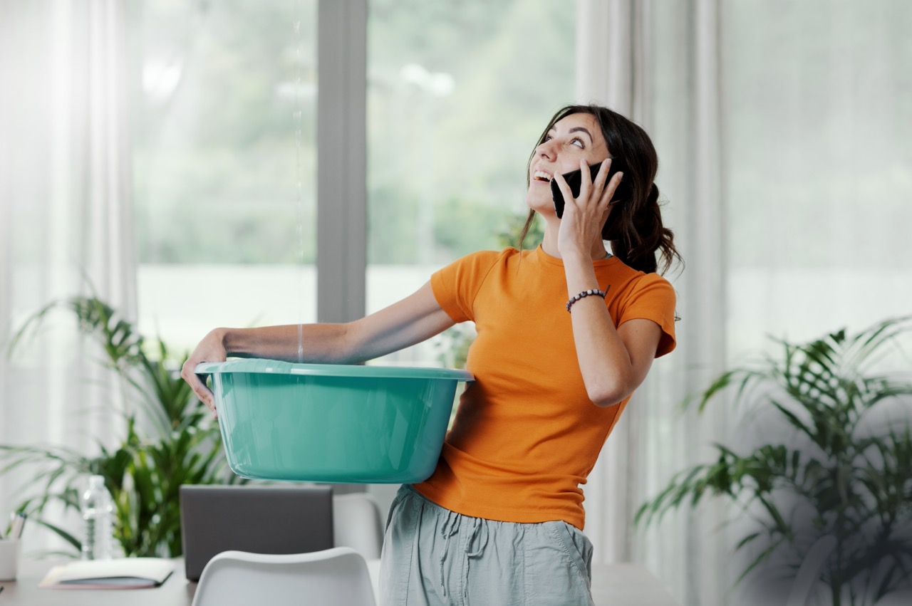 woman in orange shirt holding laundry basket looking at leak coming from ceiling