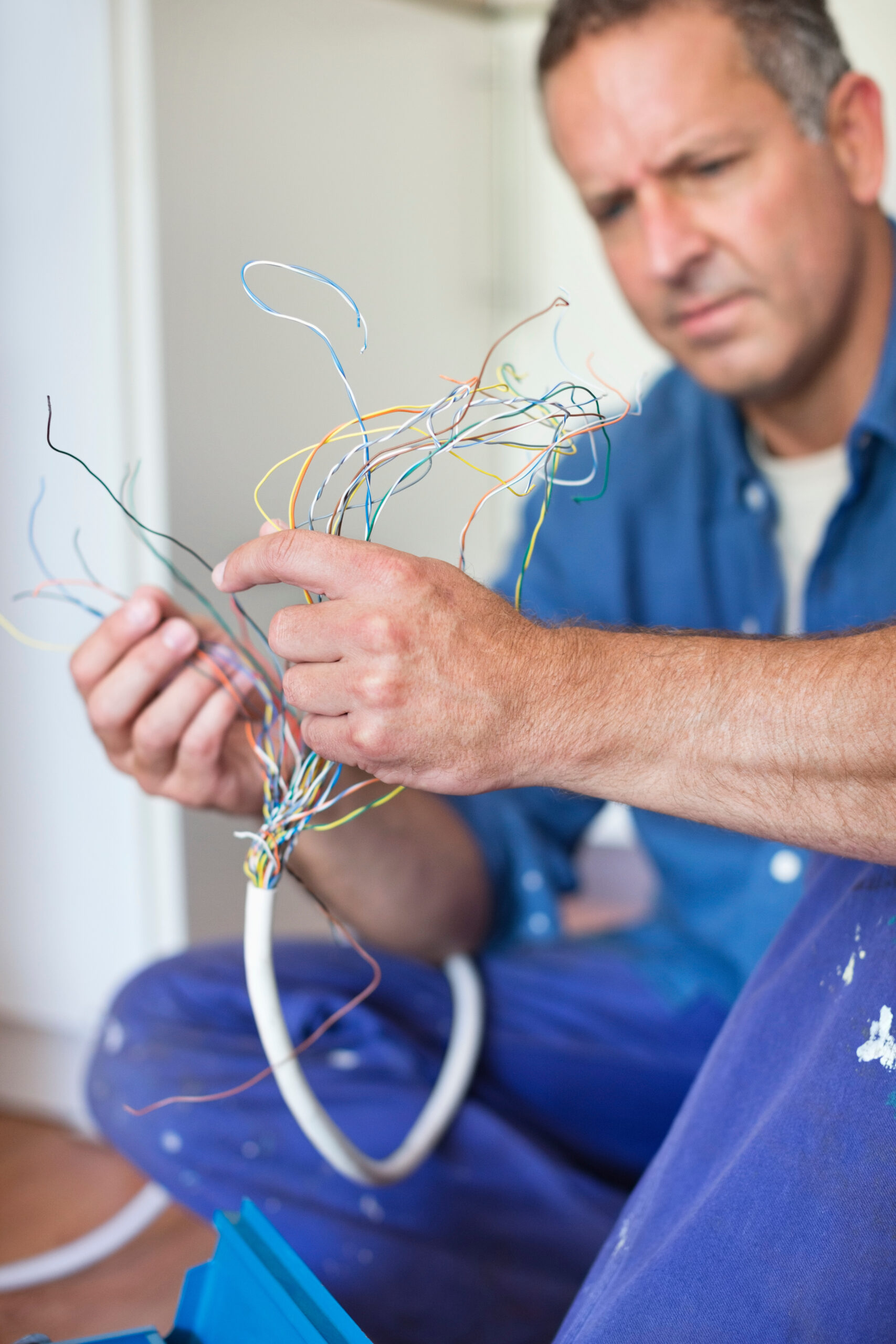 man looking at exposed wiring in hands